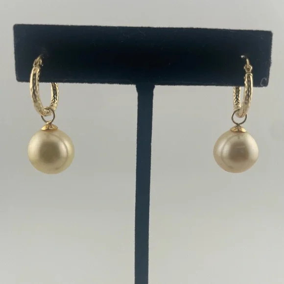 18K Gold Huggie Earrings with Champagne South Sea Pearl Drops 12mm - Picture 4 of 16